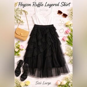 Heyson Black Layered Ruffle Lace Maxi Skirt L NWOT Boho Chic Cottagecore Lace